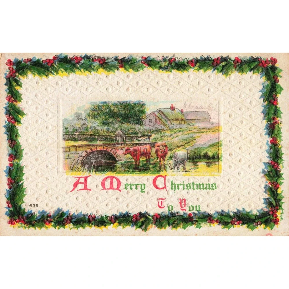 Vintage Embossed Christmas Postcard Cows Bridge Farmhouse Holly Border VG-